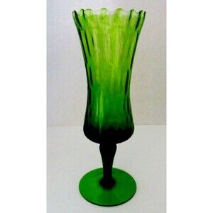 Vintage Italy  MCM Hand Blown Empoli Green Optic  Vase Pedestal Stem 11.5"